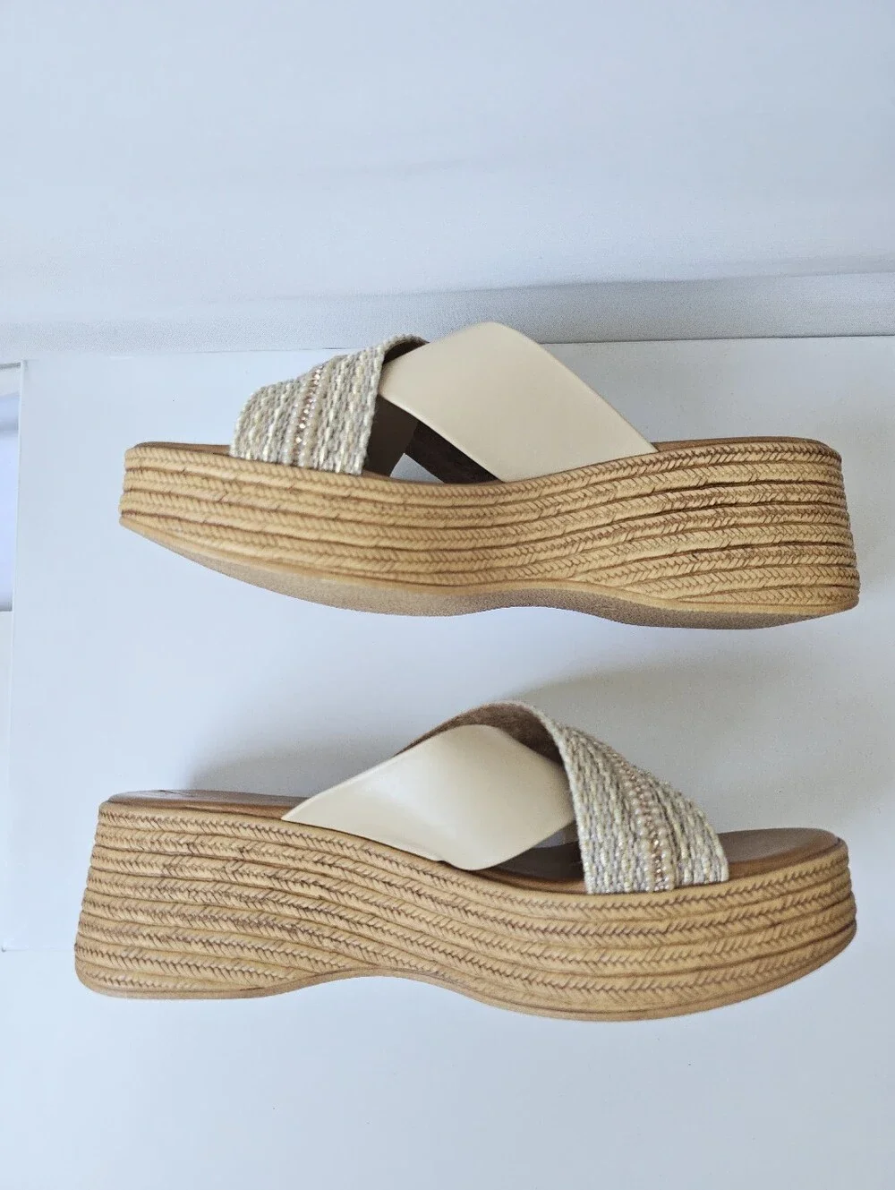 Toscanella Italy Neutral Metallic Wedge Platform Sandals - Size 7